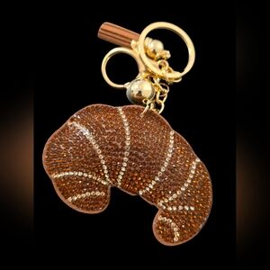 Brown Croissant Bag Charm Keychain with Gold Accents